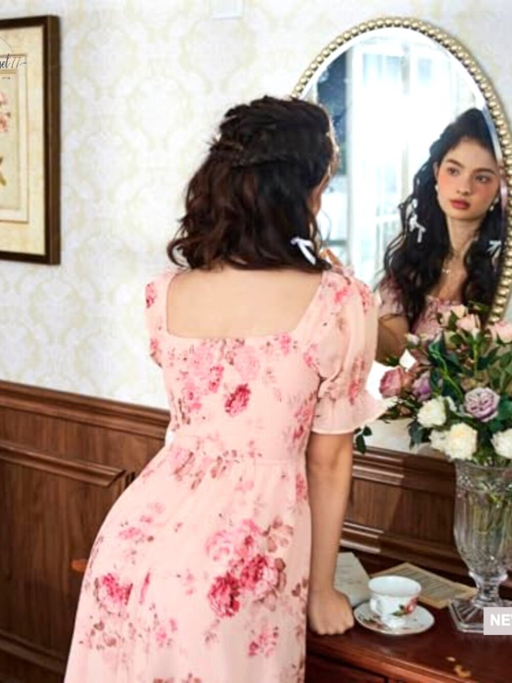 Floral Maxi Dress with Puff Sleeves Square Neck A-Line Wedding Guest - Picture 5 of 7